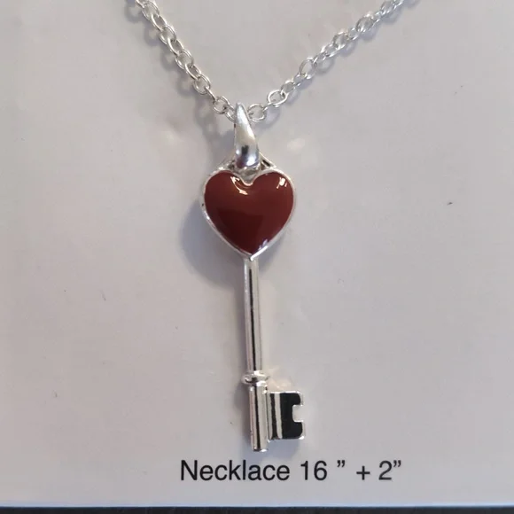 Silver and Red Heart & Key Pendant Necklace - Picture 2 of 6